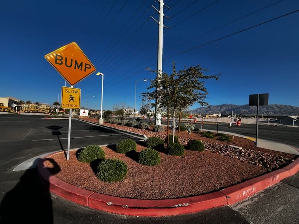 Bump warning sign near school, landscaped area with shrubs and mountains in background.
